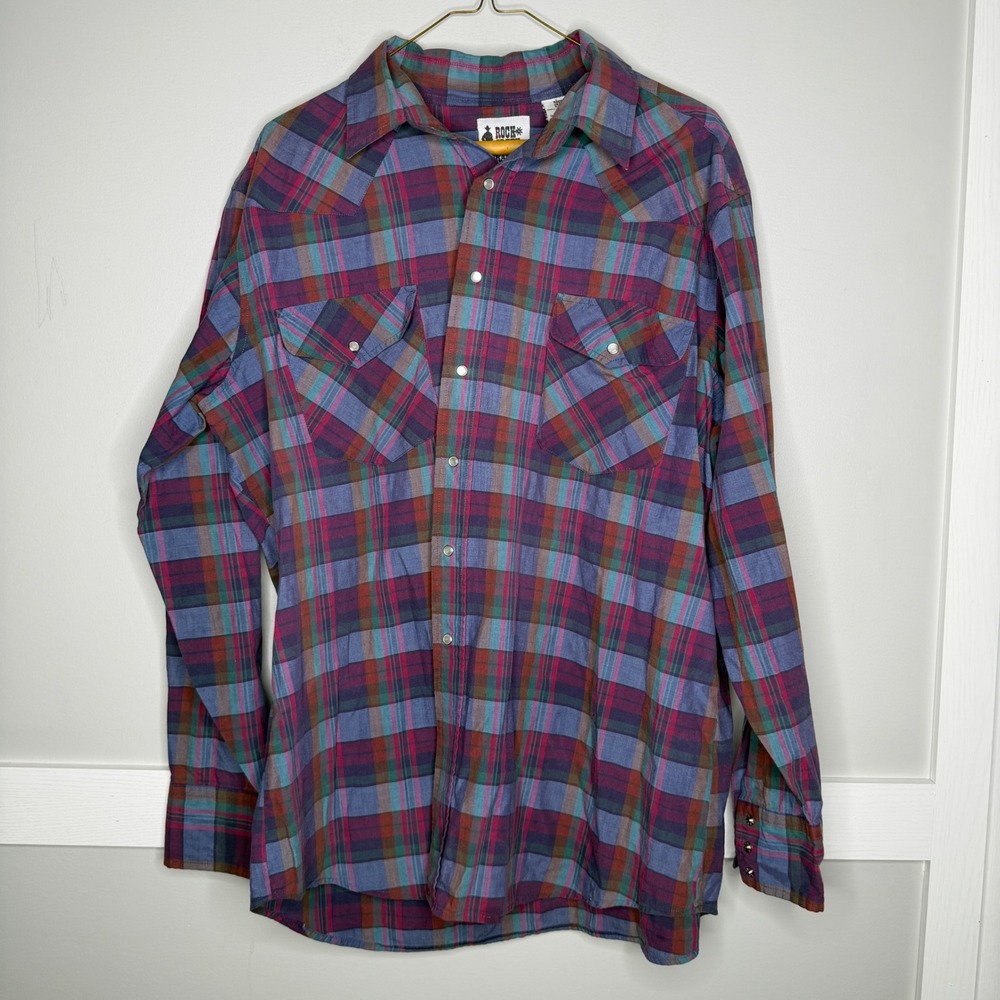 Rock Creek Ranch Western Snap Shirt Mens XL Purple Plaid Pearl Snap Long Sleeve